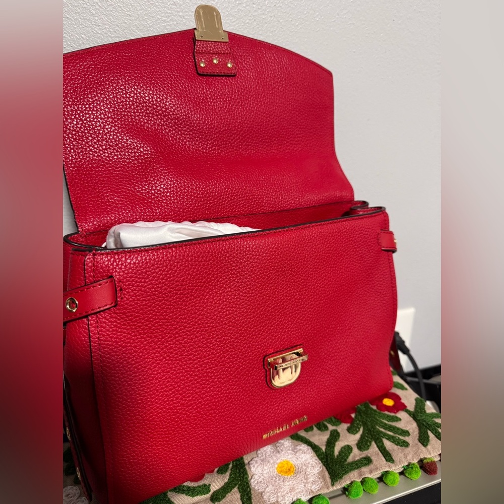 MICHAEL KORS red Bristol Medium Studded Leather Satchel crossbody bag - Picture 8 of 11